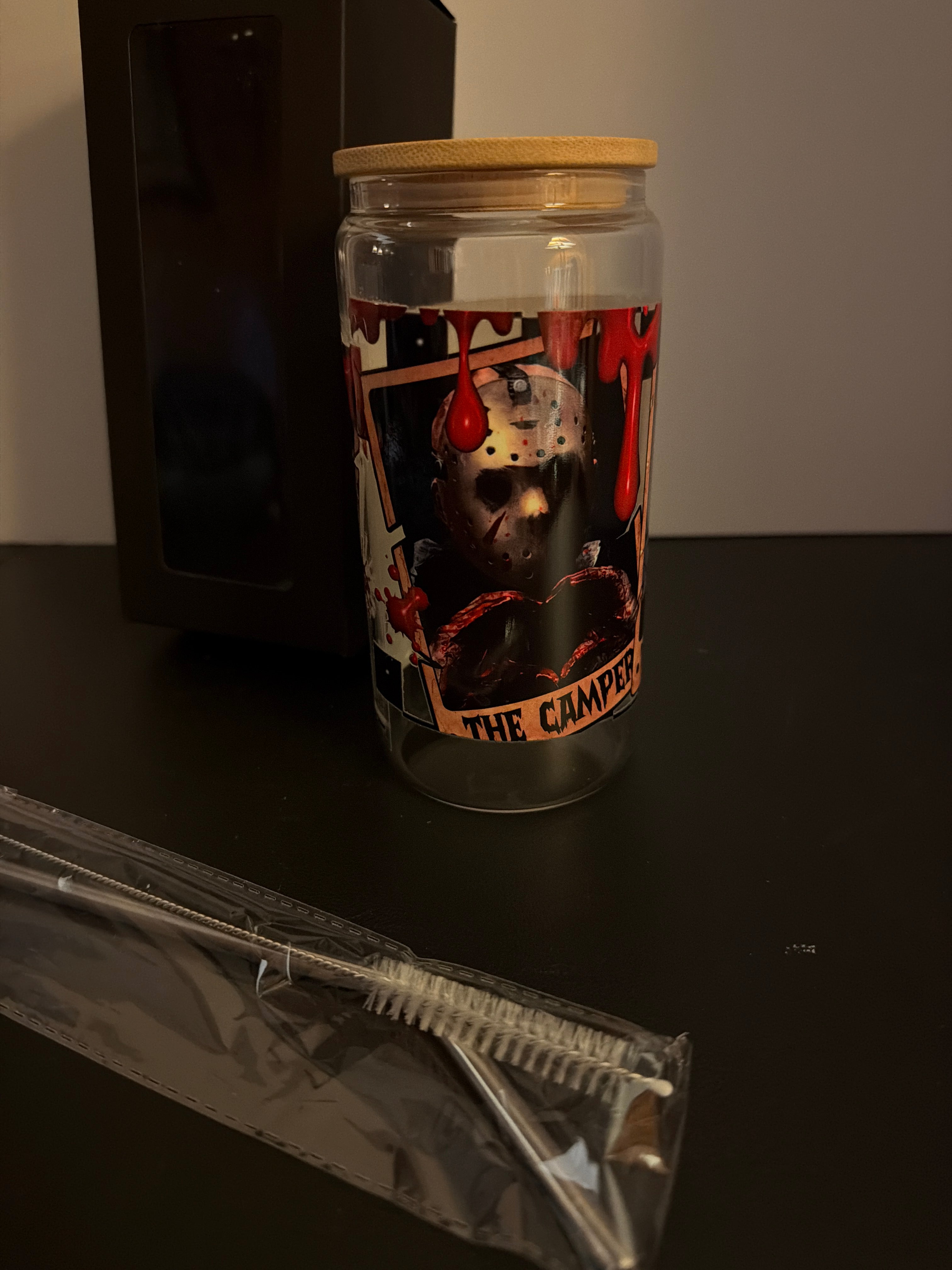 Horror movies themed glass cup.