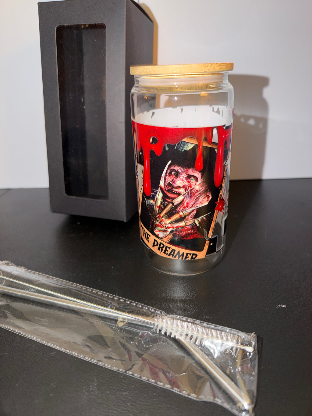 Horror movies themed glass cup.