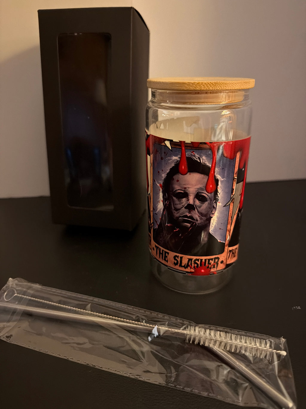 Horror movies themed glass cup.